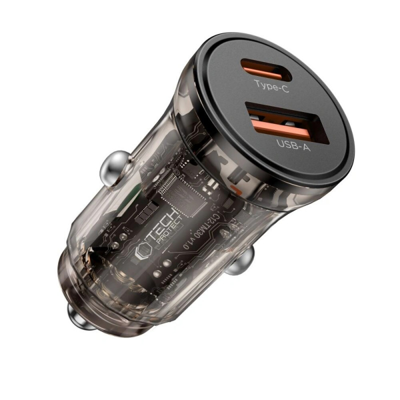 Tech-Protect CC01 2-poorts autolader USB-A / USB-C, PD 30W / QC 3.0, zwart