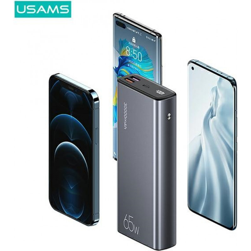 USAMS PB59 US-CD165 powerbank 30000 mAh, 65 W, 2x QC3.0 + PD, zwart, met USB-C naar USB-C kabel