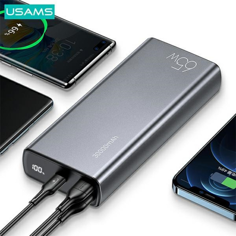 USAMS PB59 US-CD165 powerbank 30000 mAh, 65 W, 2x QC3.0 + PD, zwart, met USB-C naar USB-C kabel
