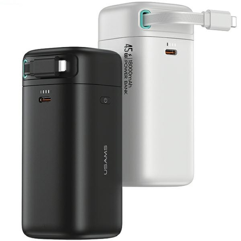 USAMS US-CD217 XMF Series powerbank 18000 mAh, PD 45W snelladen, met Lightning-kabel, zwart