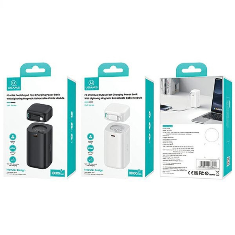 USAMS US-CD217 XMF Series powerbank 18000 mAh, PD 45W snelladen, met Lightning-kabel, zwart