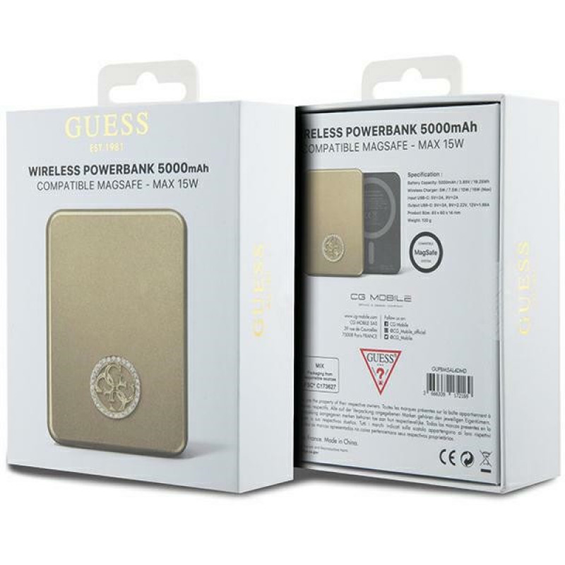 Guess GUPBM5AL4DMD 4G Strassed Metal Logo MagSafe inductie powerbank 5000 mAh, 15W, goud