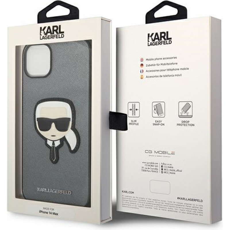 Karl Lagerfeld KLHCP14SSAPKHG Hardcase voor Apple iPhone 14, Saffiano Karl's Head Patch, zilver