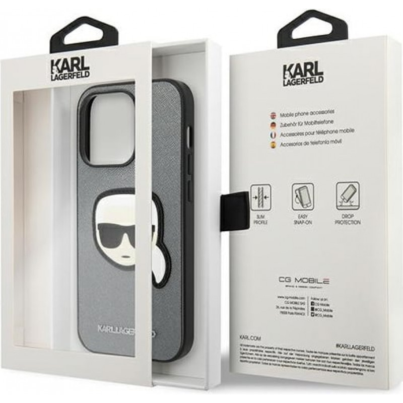Karl Lagerfeld KLHCP14XSAPKHG Hardcase voor Apple iPhone 14 Pro Max, Saffiano Karl's Head Patch, zilver