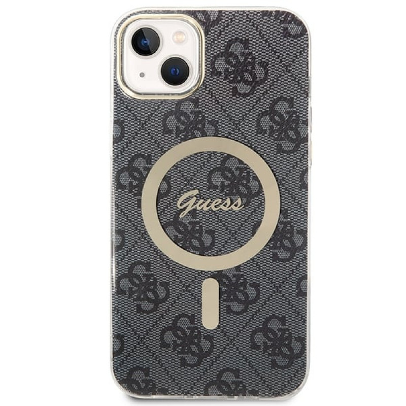 Guess GUBPP14SH4EACSK Hardcase voor Apple iPhone 14 + draadloze oplader, 4G Print, MagSafe, zwart