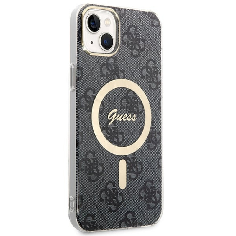 Guess GUBPP14SH4EACSK Hardcase voor Apple iPhone 14 + draadloze oplader, 4G Print, MagSafe, zwart