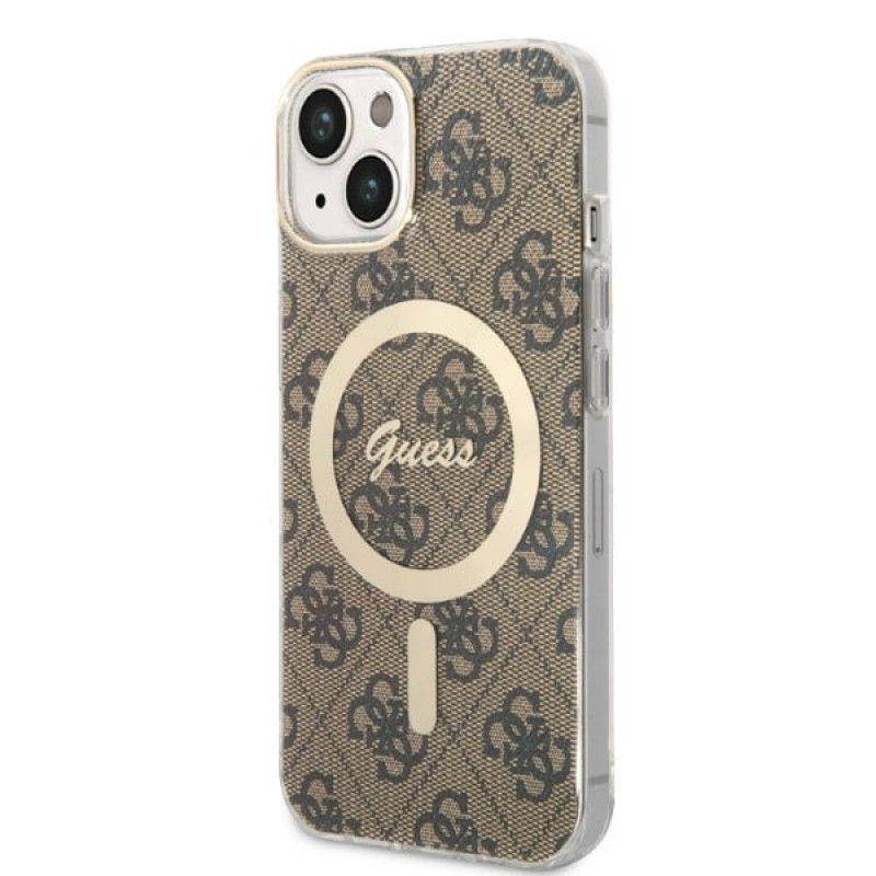 Guess GUBPP14SH4EACSW hardcase voor Apple iPhone 14 + draadloze oplader, 4G Print, MagSafe, bruin