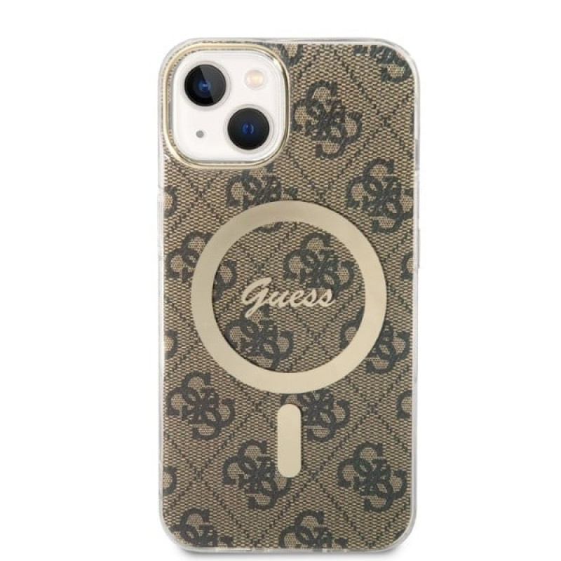 Guess GUBPP14SH4EACSW hardcase voor Apple iPhone 14 + draadloze oplader, 4G Print, MagSafe, bruin