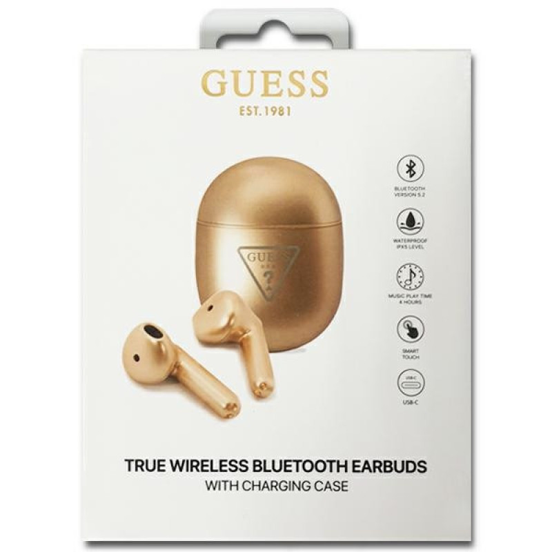 Guess GUTWST82TRD draadloze TWS in-ear hoofdtelefoon met dockingstation, Triangle Logo, Bluetooth 5.0, goud