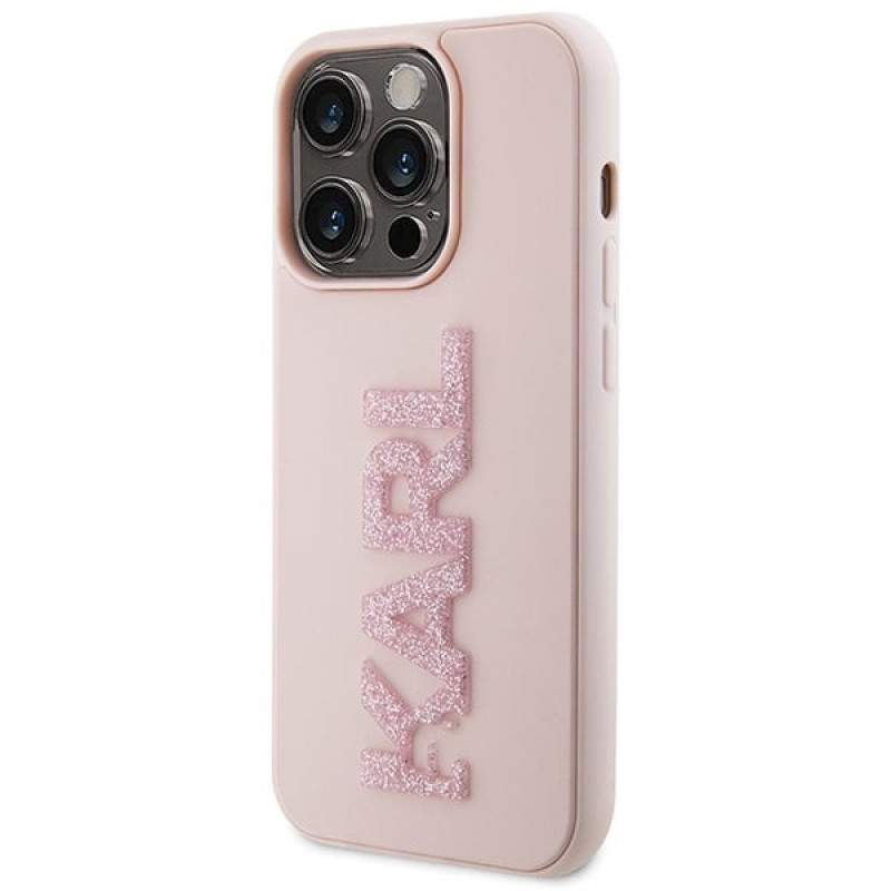 Karl Lagerfeld KLHCP15X3DMBKCP Hardcase voor Apple iPhone 15 Pro Max, 3D Rubber Glitter Logo, roze