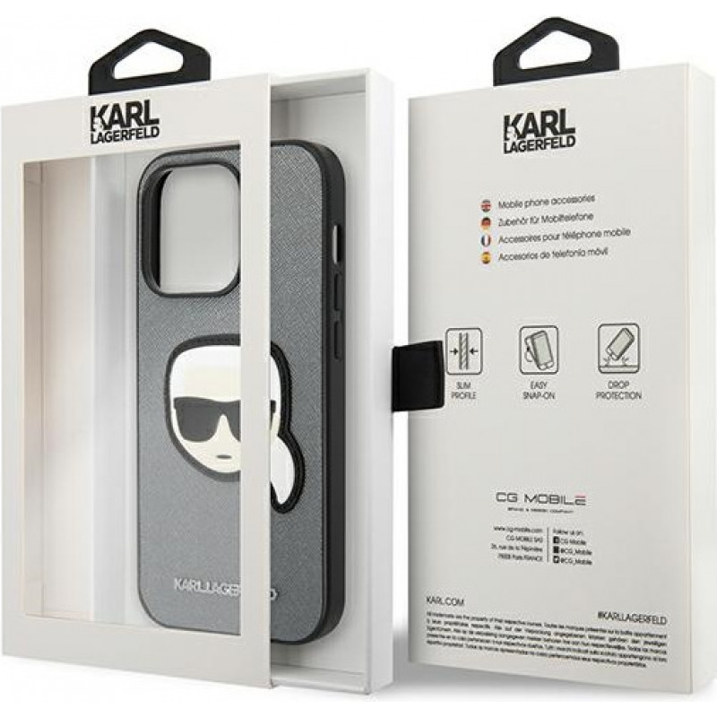 Karl Lagerfeld KLHCP14LSAPKHG Hardcase voor Apple iPhone 14 Pro, Saffiano Karl's Head Patch, zilver