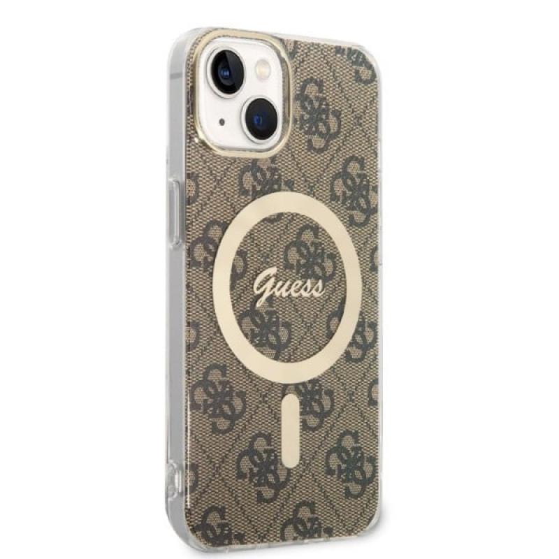 Guess GUBPP14MH4EACSW hoesje + draadloze oplader Apple iPhone 14 Plus / iPhone 15 Plus bruin hardcase, 4G Print, MagSafe