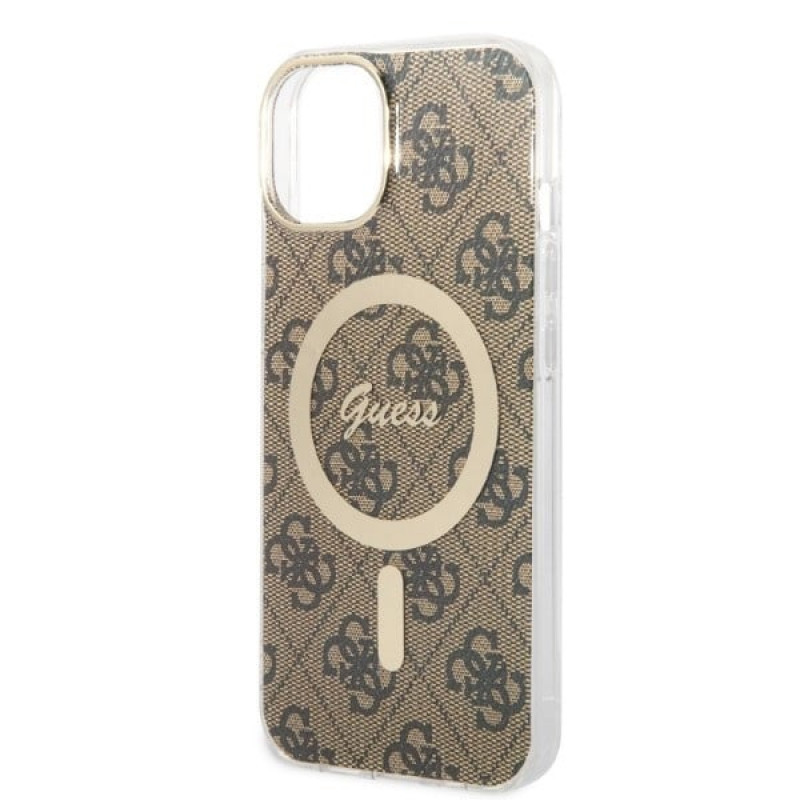 Guess GUBPP14MH4EACSW hoesje + draadloze oplader Apple iPhone 14 Plus / iPhone 15 Plus bruin hardcase, 4G Print, MagSafe