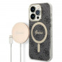 Guess GUBPP14LH4EACSK Hoesje + Draadloze Oplader Apple iPhone 14 Pro Zwart Hardcase, 4G Print, MagSafe