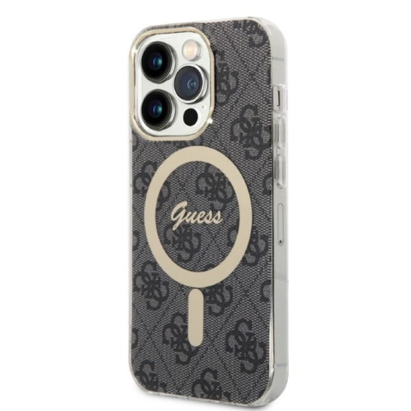 Guess GUBPP14LH4EACSK Hoesje + Draadloze Oplader Apple iPhone 14 Pro Zwart Hardcase, 4G Print, MagSafe