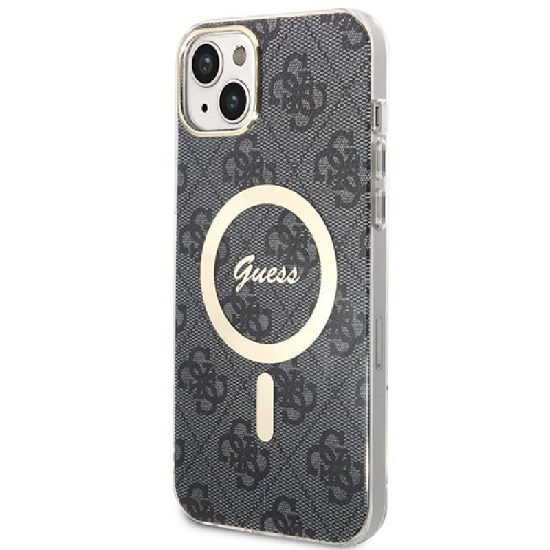 Guess GUBPP14MH4EACSK Case + draadloze oplader Apple iPhone 14 Plus / iPhone 15 Plus zwarte hardcase, 4G Print, MagSafe