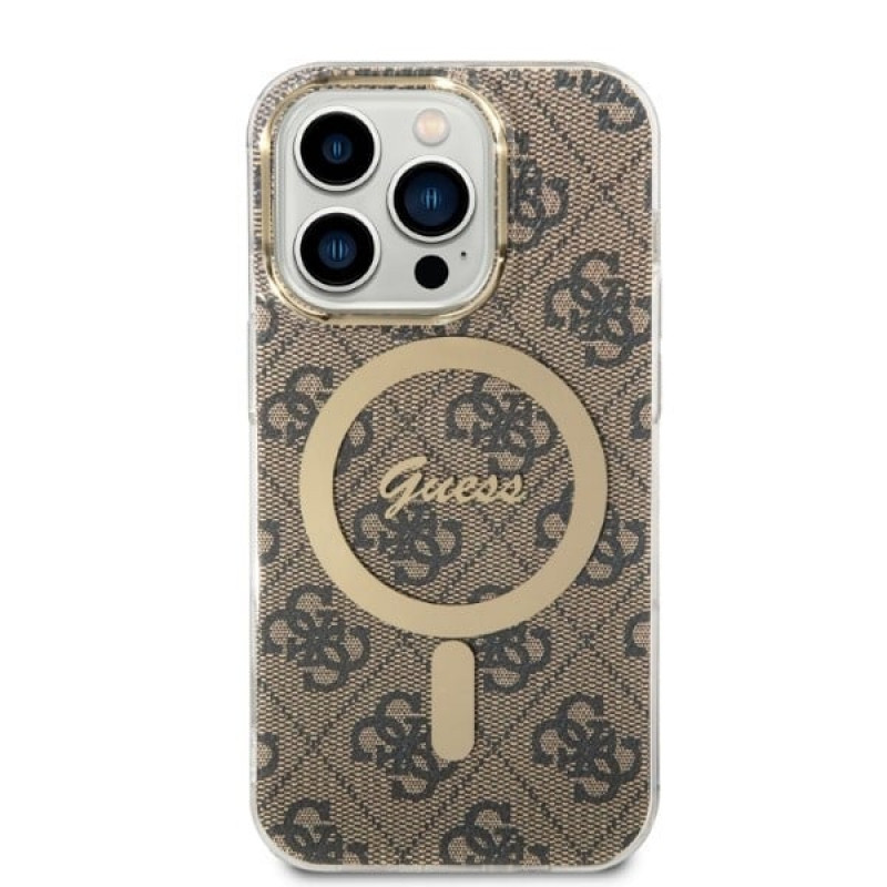 Guess GUBPP14LH4EACSW Hoesje + Draadloze Oplader Apple iPhone 14 Pro Bruin Hardcase, 4G Print, MagSafe