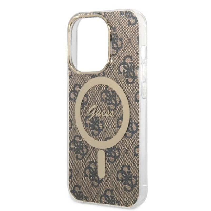 Guess GUBPP14LH4EACSW Hoesje + Draadloze Oplader Apple iPhone 14 Pro Bruin Hardcase, 4G Print, MagSafe