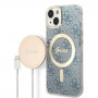 Guess GUBPP14MH4EACSB Hoesje + Draadloze Oplader Apple iPhone 14 Plus / iPhone 15 Plus Blauw Hardcase, 4G Print, MagSafe