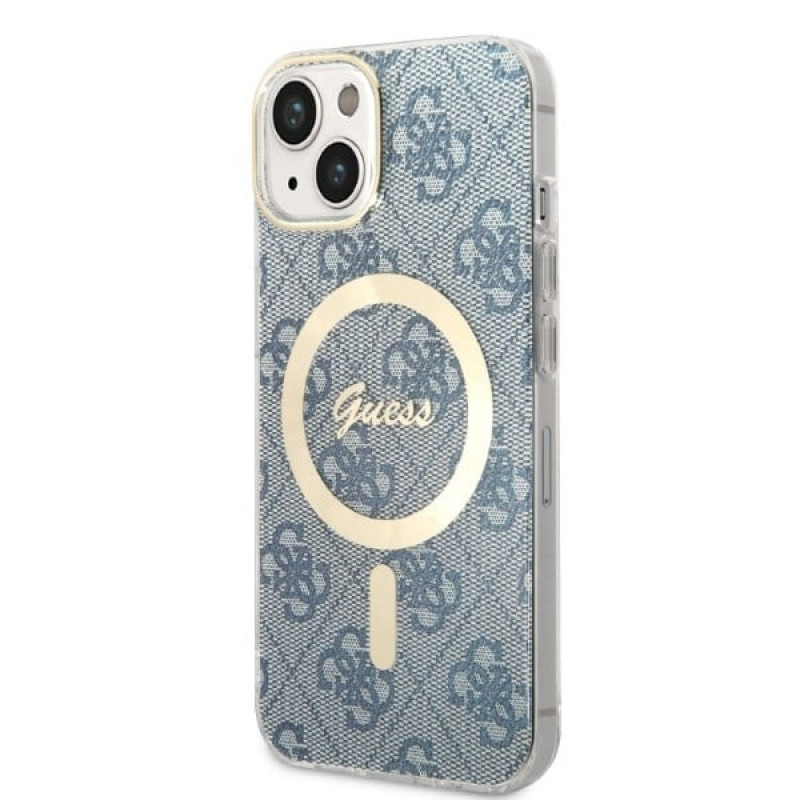 Guess GUBPP14MH4EACSB Hoesje + Draadloze Oplader Apple iPhone 14 Plus / iPhone 15 Plus Blauw Hardcase, 4G Print, MagSafe