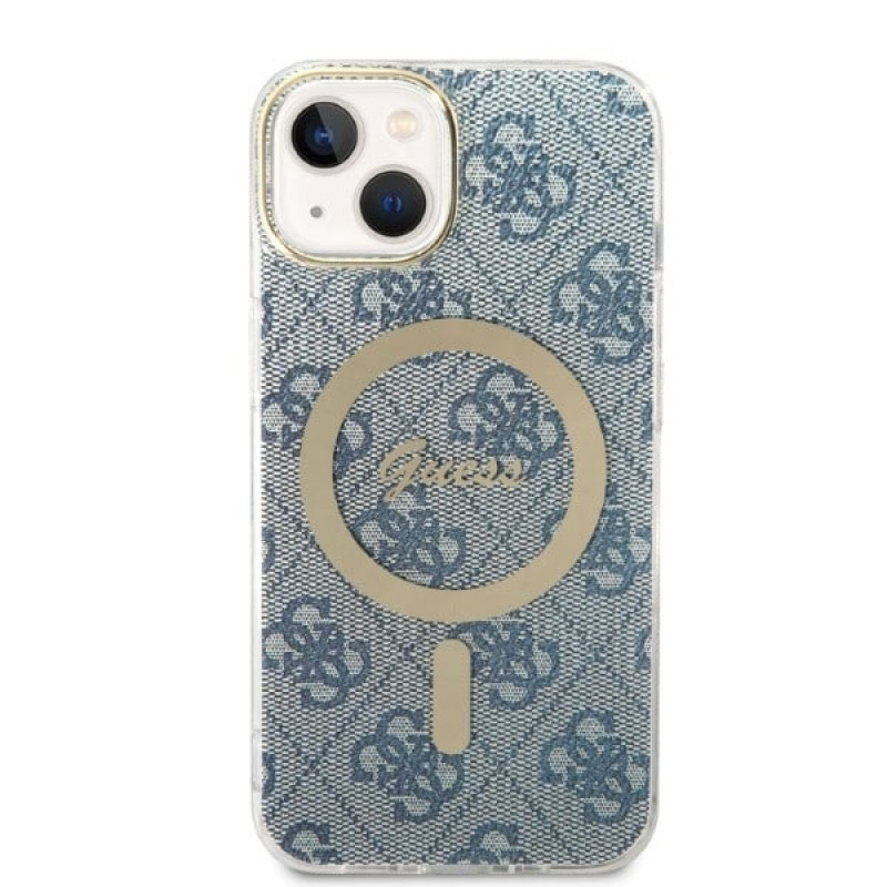 Guess GUBPP14MH4EACSB Hoesje + Draadloze Oplader Apple iPhone 14 Plus / iPhone 15 Plus Blauw Hardcase, 4G Print, MagSafe
