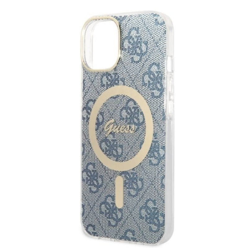 Guess GUBPP14MH4EACSB Hoesje + Draadloze Oplader Apple iPhone 14 Plus / iPhone 15 Plus Blauw Hardcase, 4G Print, MagSafe