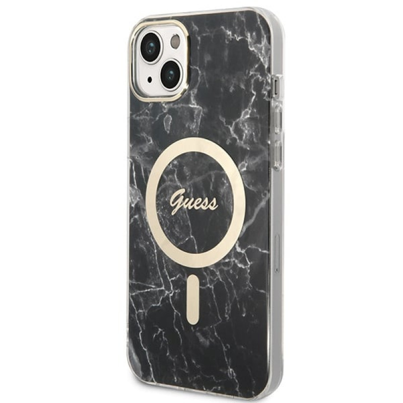 Guess GUBPP14MHMEACSK hoesje + draadloze oplader Apple iPhone 14 Plus / iPhone 15 Plus zwart hardcase, Marble, MagSafe