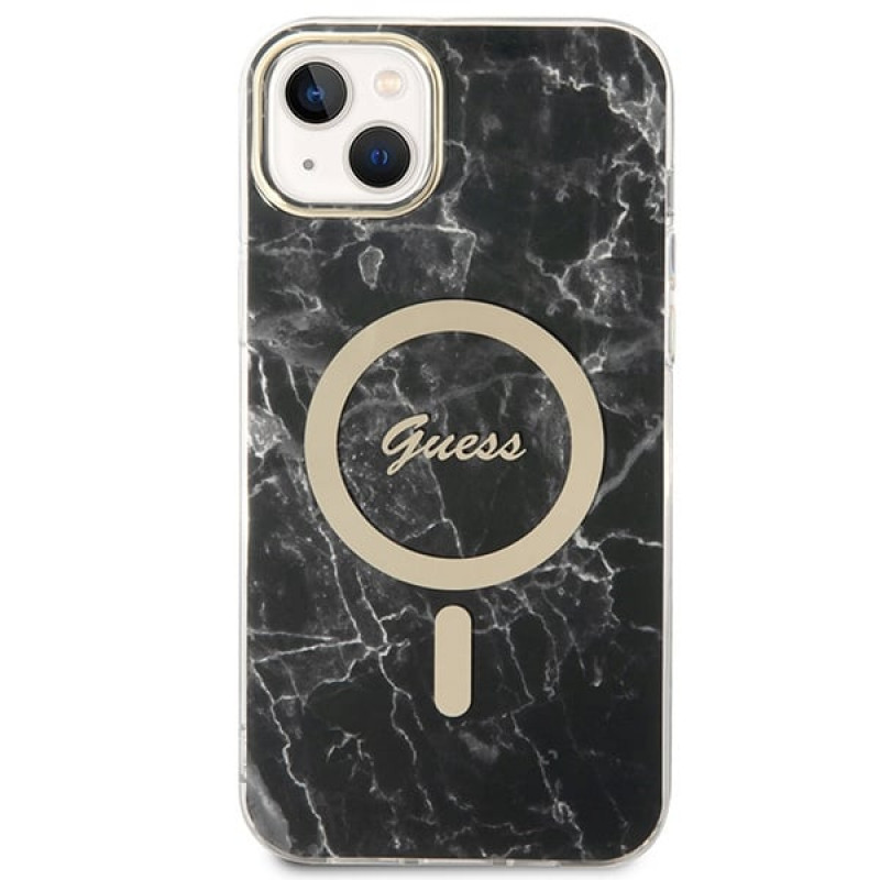 Guess GUBPP14MHMEACSK hoesje + draadloze oplader Apple iPhone 14 Plus / iPhone 15 Plus zwart hardcase, Marble, MagSafe
