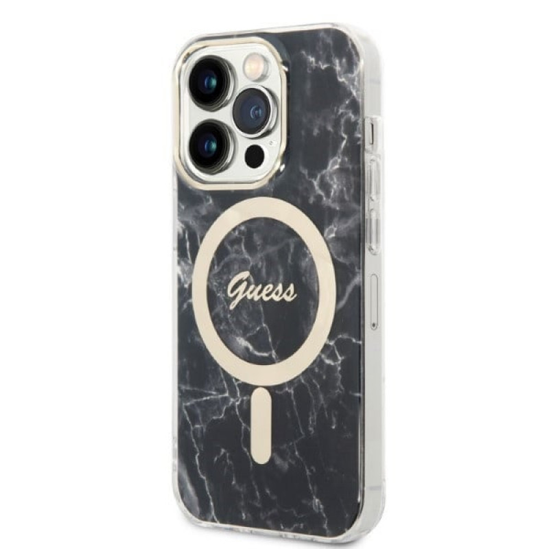 Guess GUBPP14XHMEACSK Hoesje + Draadloze Oplader Apple iPhone 14 Pro Max Zwarte Hardcase, Marble, MagSafe