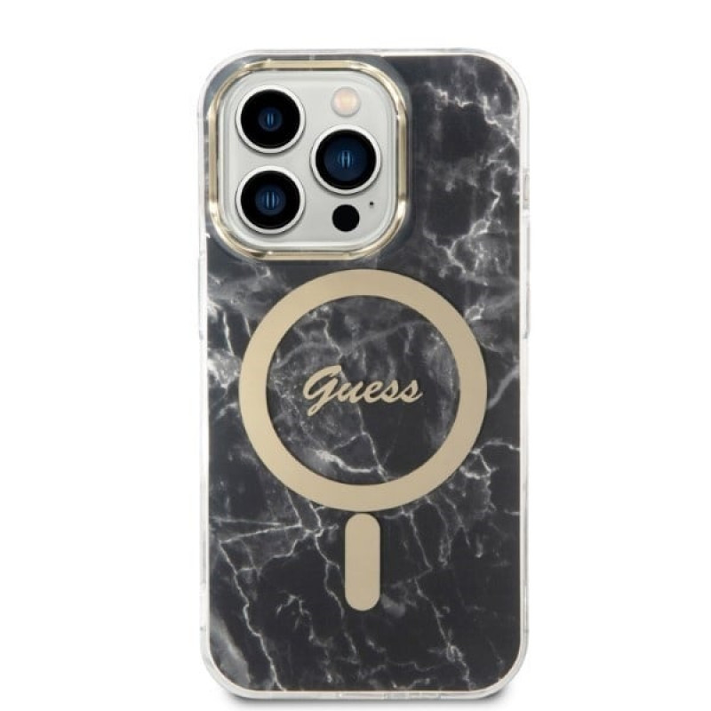Guess GUBPP14XHMEACSK Hoesje + Draadloze Oplader Apple iPhone 14 Pro Max Zwarte Hardcase, Marble, MagSafe