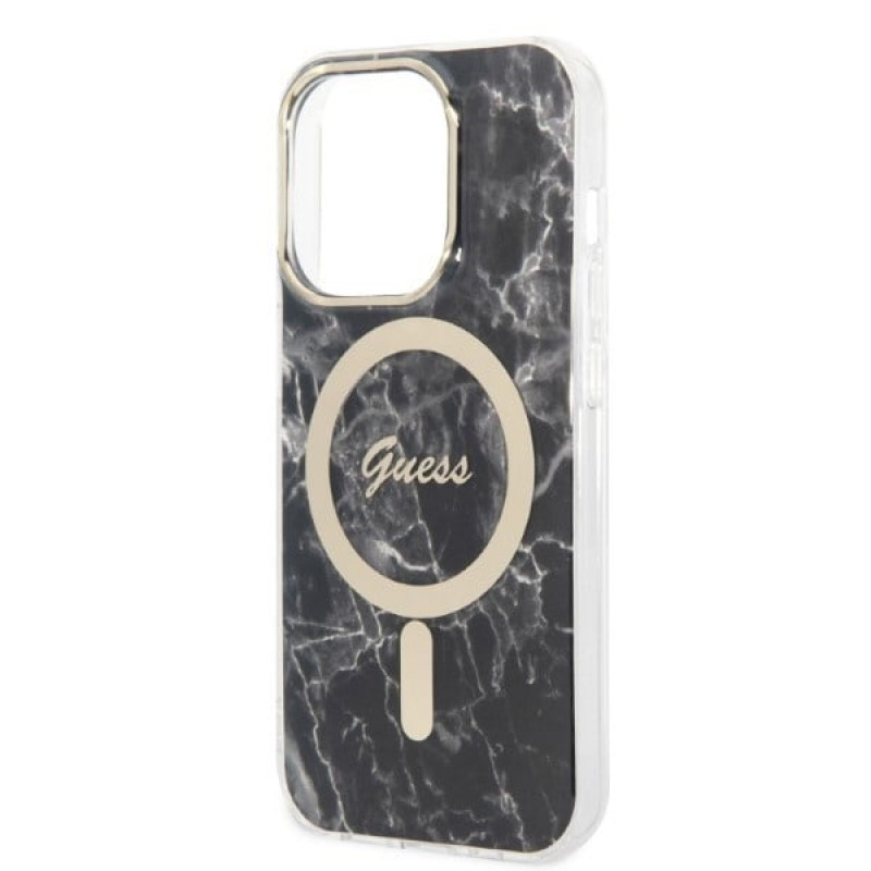 Guess GUBPP14XHMEACSK Hoesje + Draadloze Oplader Apple iPhone 14 Pro Max Zwarte Hardcase, Marble, MagSafe
