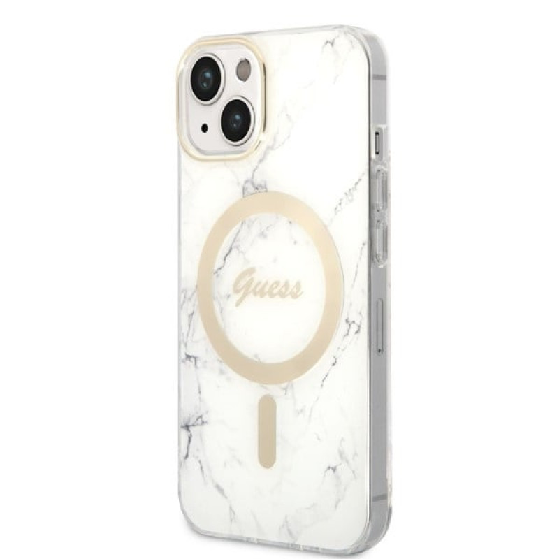Guess GUBPP14MHMEACSH Hoesje + Draadloze Oplader Apple iPhone 14 Plus / iPhone 15 Plus Wit Hardcase, Marble, MagSafe
