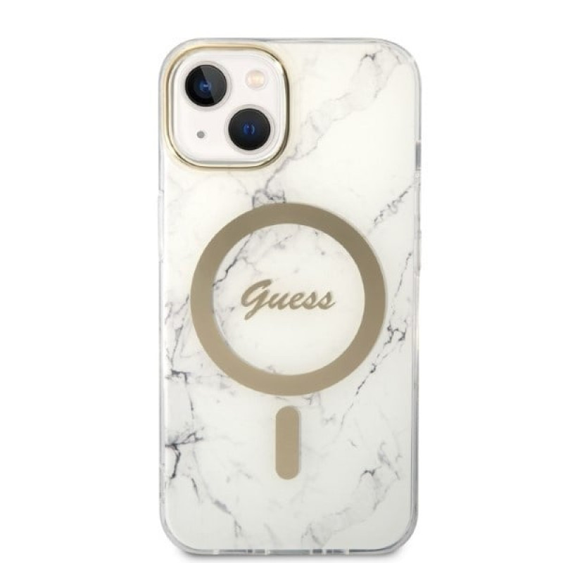 Guess GUBPP14MHMEACSH Hoesje + Draadloze Oplader Apple iPhone 14 Plus / iPhone 15 Plus Wit Hardcase, Marble, MagSafe