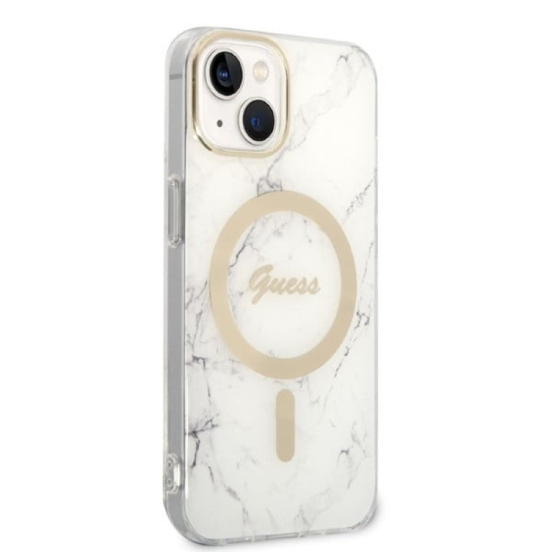 Guess GUBPP14MHMEACSH Hoesje + Draadloze Oplader Apple iPhone 14 Plus / iPhone 15 Plus Wit Hardcase, Marble, MagSafe
