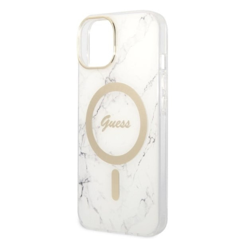 Guess GUBPP14MHMEACSH Hoesje + Draadloze Oplader Apple iPhone 14 Plus / iPhone 15 Plus Wit Hardcase, Marble, MagSafe