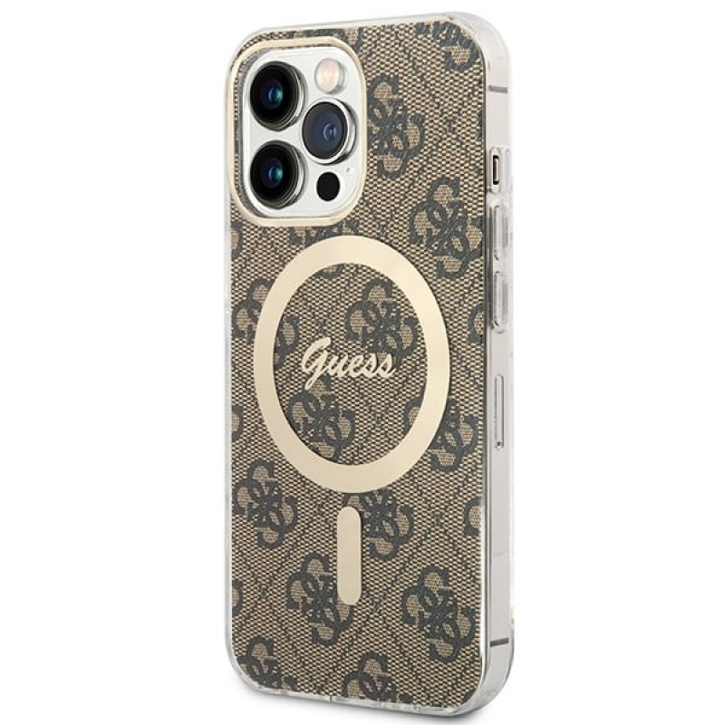 Guess GUBPP13LH4EACSW Hoesje + Draadloze Oplader Apple iPhone 13 Pro Bruin Hardcase, 4G Print, MagSafe