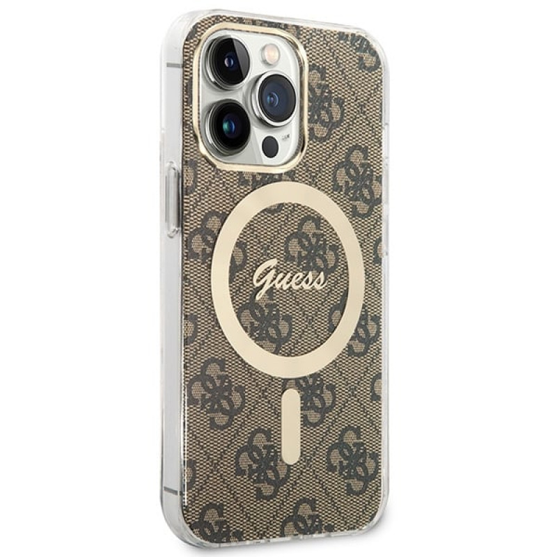 Guess GUBPP13LH4EACSW Hoesje + Draadloze Oplader Apple iPhone 13 Pro Bruin Hardcase, 4G Print, MagSafe