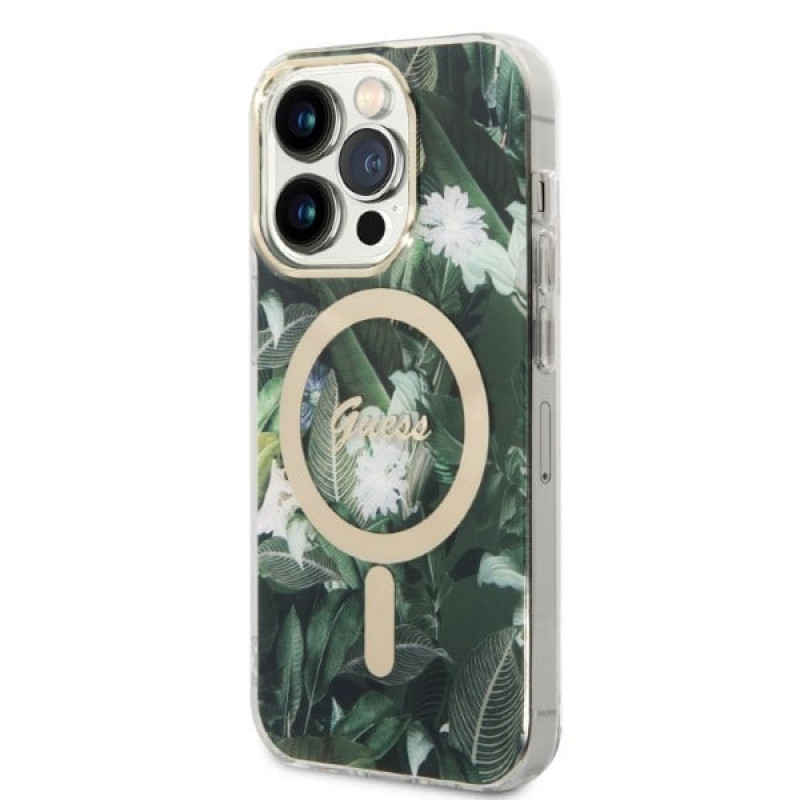 Guess GUBPP14XHJEACSA Hoesje + Draadloze Oplader voor Apple iPhone 14 Pro Max, Jungle, groene hardcase, MagSafe