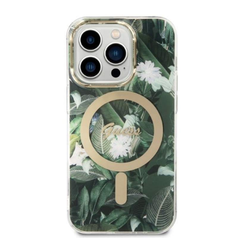Guess GUBPP14XHJEACSA Hoesje + Draadloze Oplader voor Apple iPhone 14 Pro Max, Jungle, groene hardcase, MagSafe