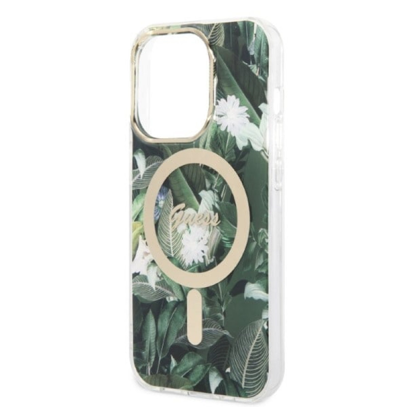 Guess GUBPP14XHJEACSA Hoesje + Draadloze Oplader voor Apple iPhone 14 Pro Max, Jungle, groene hardcase, MagSafe