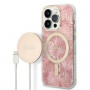 Guess GUBPP14LHJEACSP Hoesje + Draadloze Oplader voor Apple iPhone 14 Pro, Jungle, roze hardcase, MagSafe