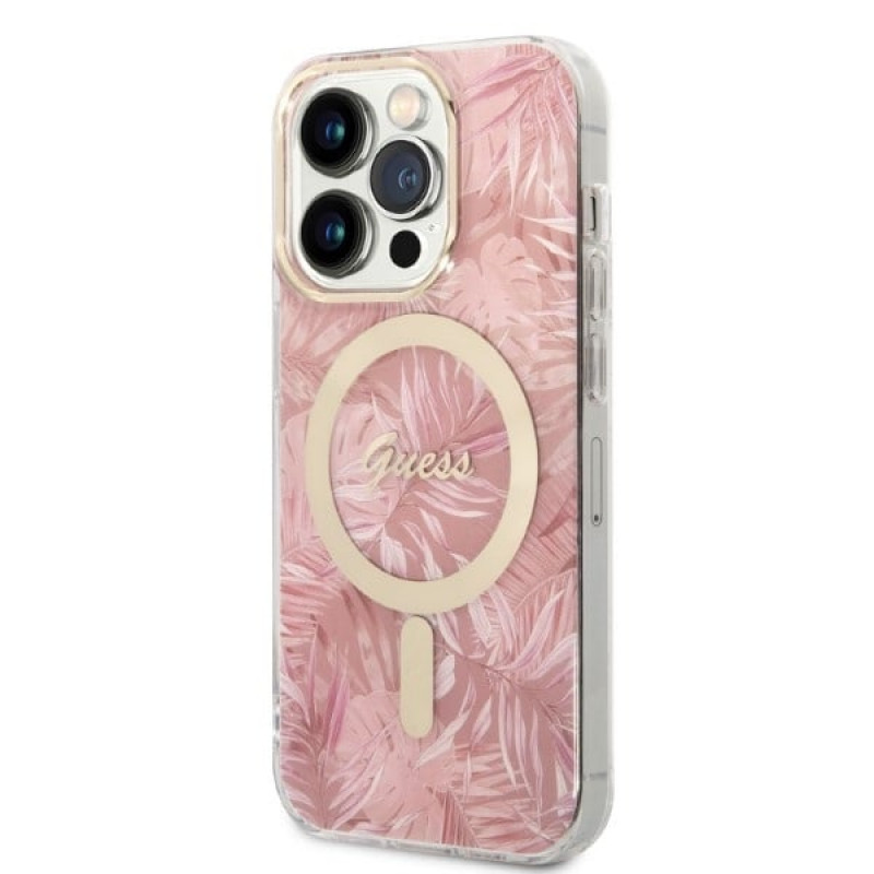 Guess GUBPP14LHJEACSP Hoesje + Draadloze Oplader voor Apple iPhone 14 Pro, Jungle, roze hardcase, MagSafe