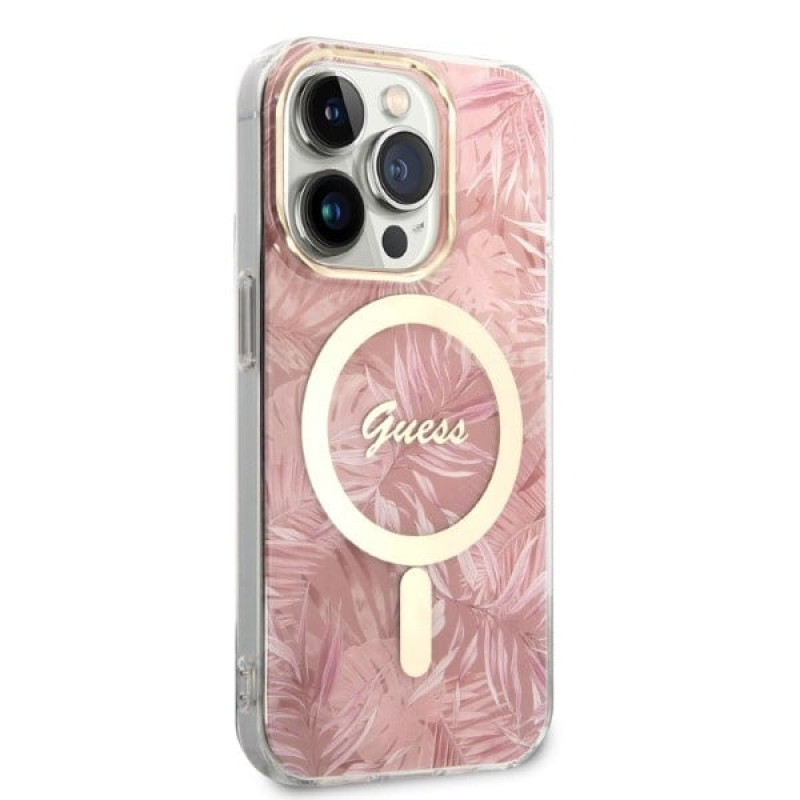 Guess GUBPP14LHJEACSP Hoesje + Draadloze Oplader voor Apple iPhone 14 Pro, Jungle, roze hardcase, MagSafe