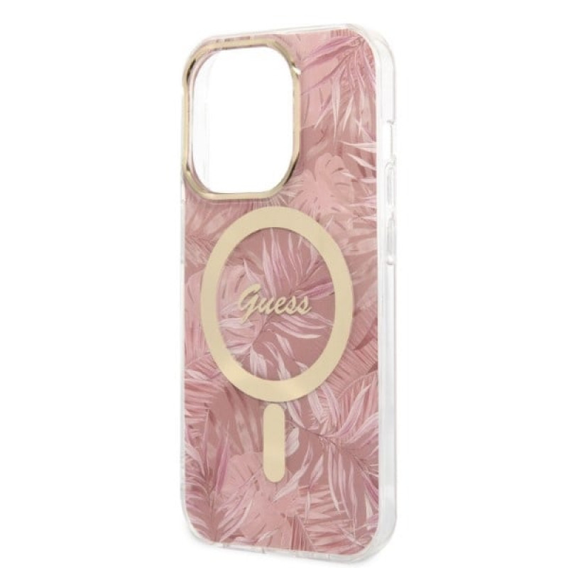 Guess GUBPP14LHJEACSP Hoesje + Draadloze Oplader voor Apple iPhone 14 Pro, Jungle, roze hardcase, MagSafe