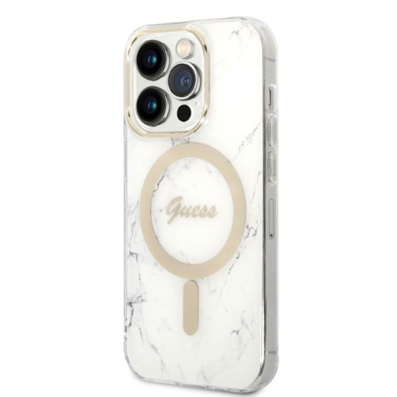 Guess GUBPP14LHMEACSH hoesje + draadloze oplader Apple iPhone 14 Pro wit hardcase, Marble, MagSafe