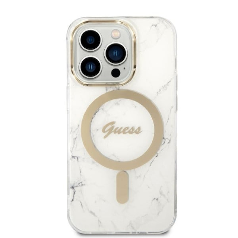 Guess GUBPP14LHMEACSH hoesje + draadloze oplader Apple iPhone 14 Pro wit hardcase, Marble, MagSafe