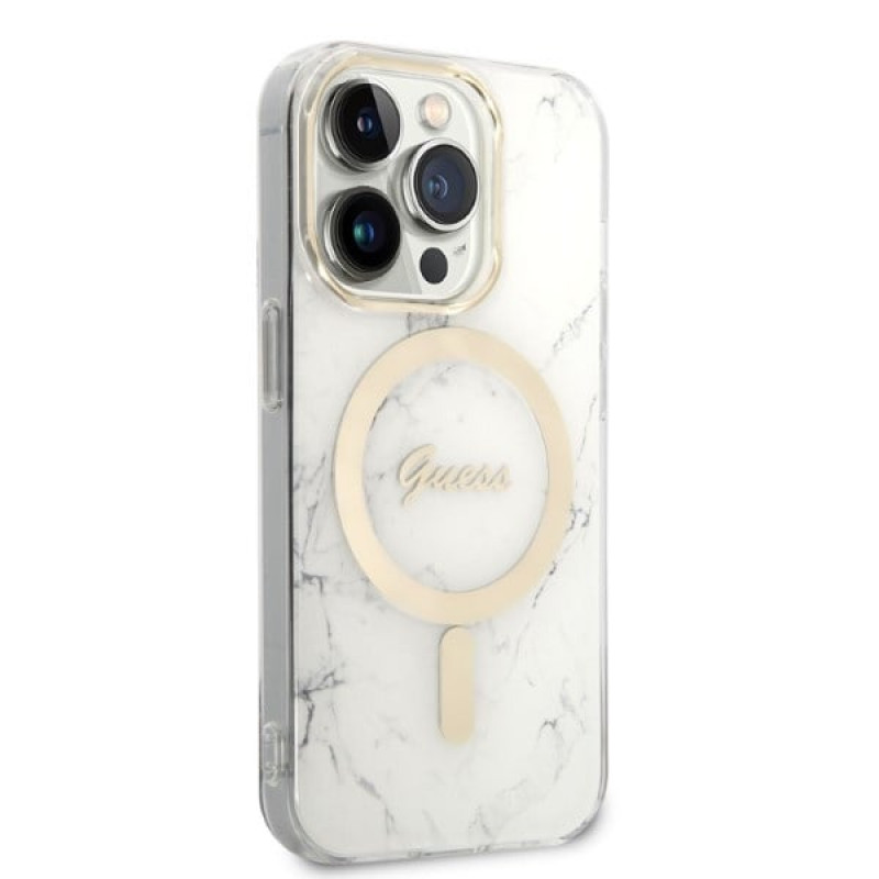 Guess GUBPP14LHMEACSH hoesje + draadloze oplader Apple iPhone 14 Pro wit hardcase, Marble, MagSafe