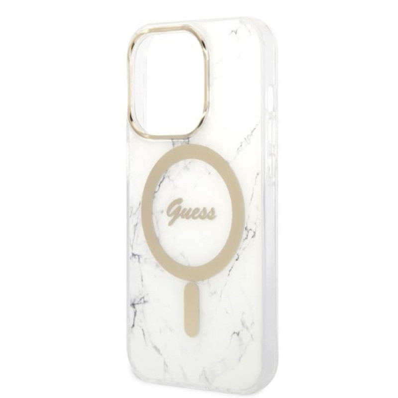 Guess GUBPP14LHMEACSH hoesje + draadloze oplader Apple iPhone 14 Pro wit hardcase, Marble, MagSafe