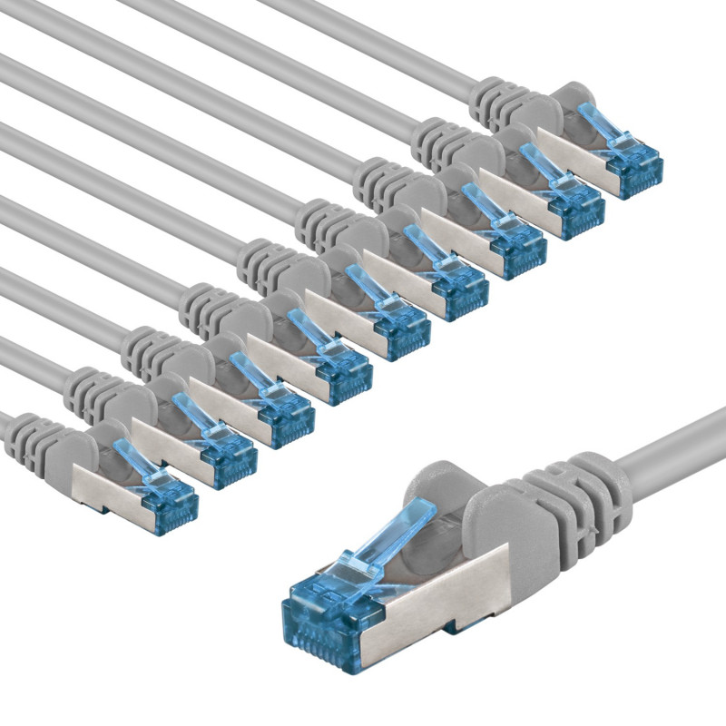 Goobay CAT 6A-patchkabel S/FTP (PiMF), 5 m, grijs, set van 10, kopergeleider (CU), halogeenvrije mantel (LSZH)