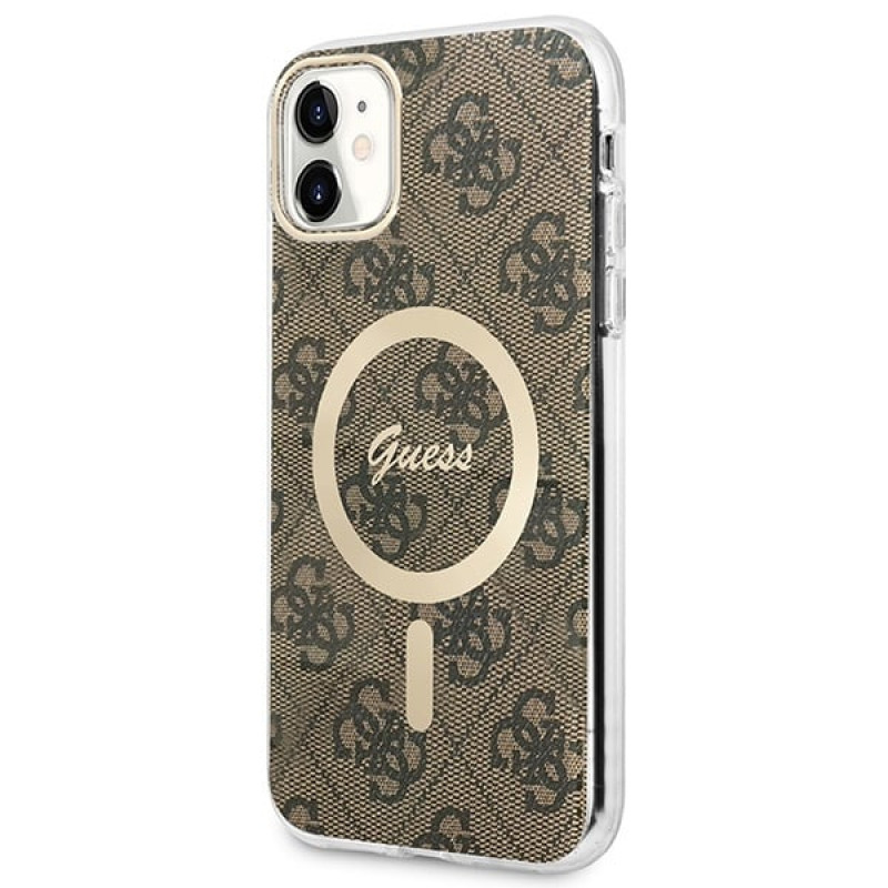 Guess GUBPN61H4EACSW Hoesje + draadloze oplader voor Apple iPhone 11, 4G Print, bruin hardcase, MagSafe